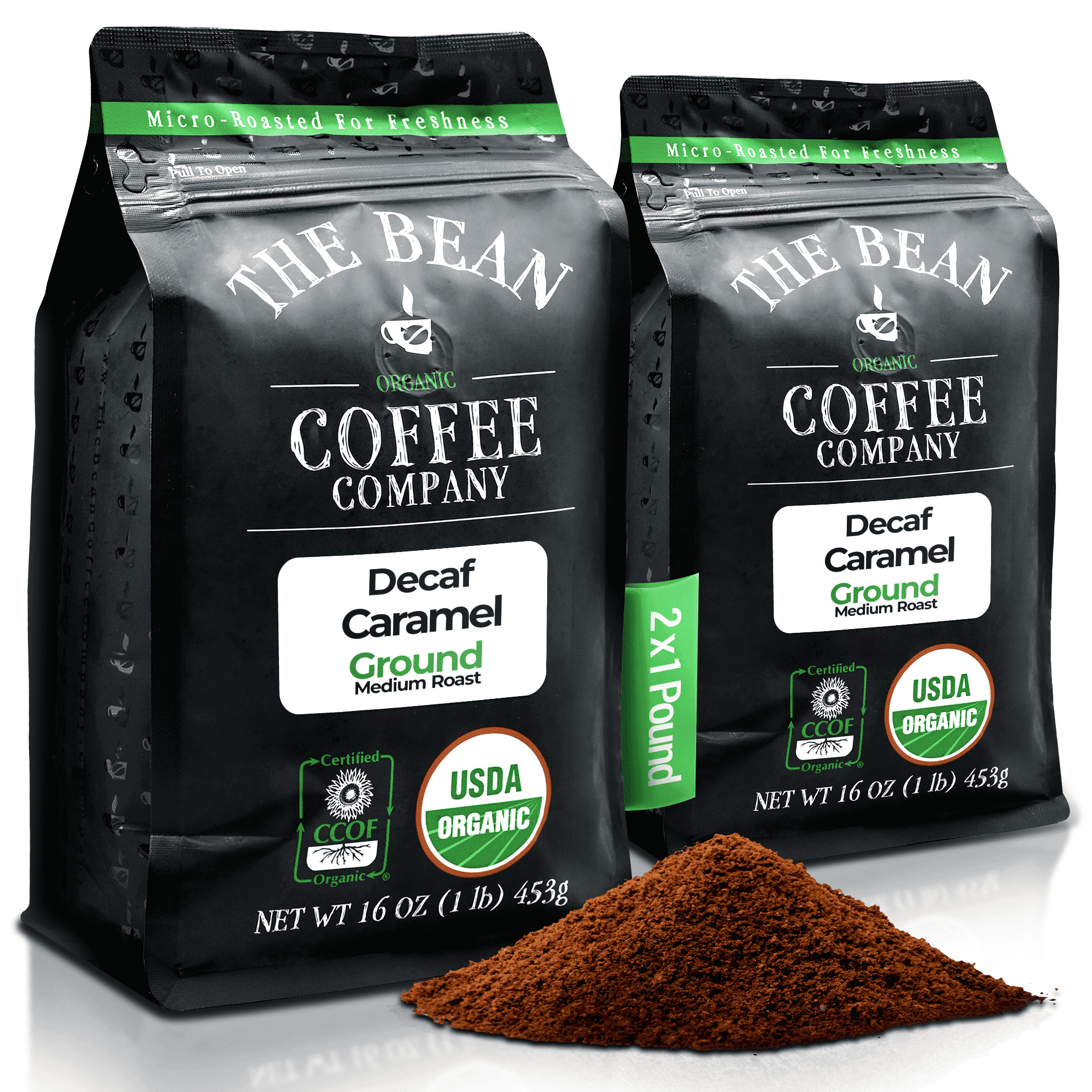 The Bean Organic Coffee Company Water Processed DECAF Caramel, Medium Roast, Ground Coffee, 16-Ounce Bags (Pack of 2)
