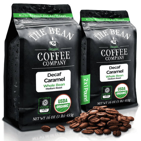 The Bean Organic Coffee Company Water Processed DECAF Caramel, Medium Roast, Whole Bean Coffee, 16-Ounce Bags (Pack of 2)