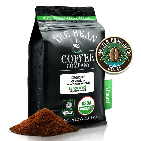 The Bean Organic Coffee Company Water Processed DECAF Chocolate Macadamia Nut, Medium Roast, Ground Coffee, 16-Ounce Bag