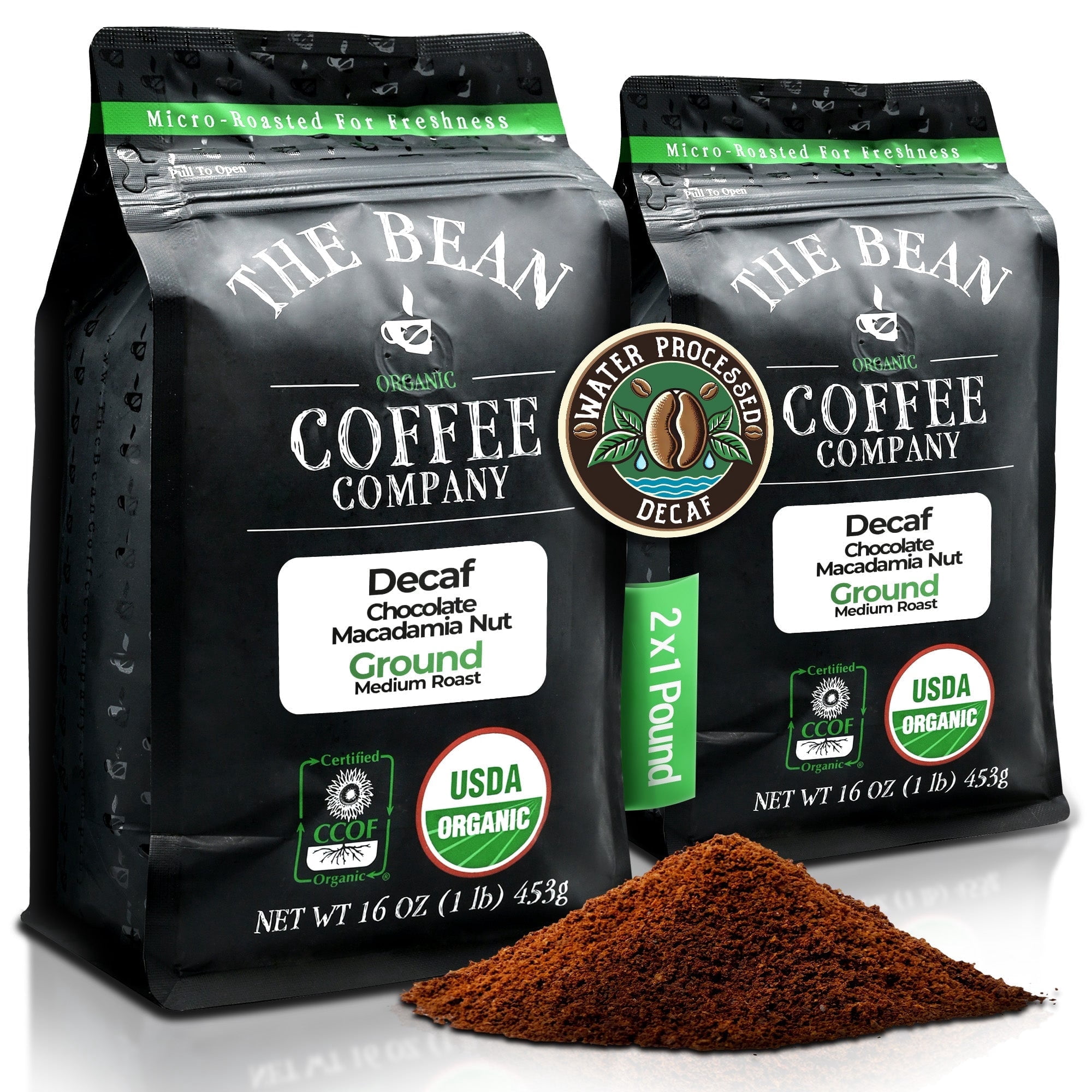 The Bean Organic Coffee Company Water Processed DECAF Chocolate Macadamia Nut, Medium Roast, Ground Coffee, 16-Ounce Bags (Pack of 2)