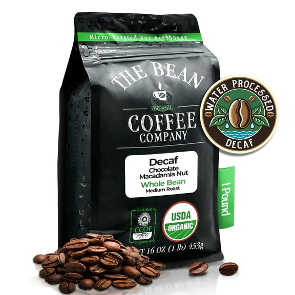 The Bean Organic Coffee Company Water Processed DECAF Chocolate Macadamia Nut, Medium Roast, Whole Bean Coffee, 16-Ounce Bag