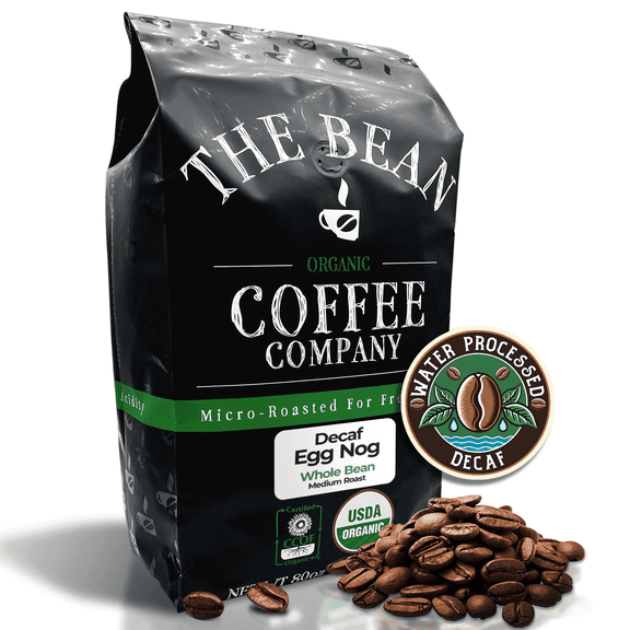 The Bean Organic Coffee Company Water Processed DECAF Egg Nog, Medium Roast, Whole Bean Coffee, 5-Pound Bag