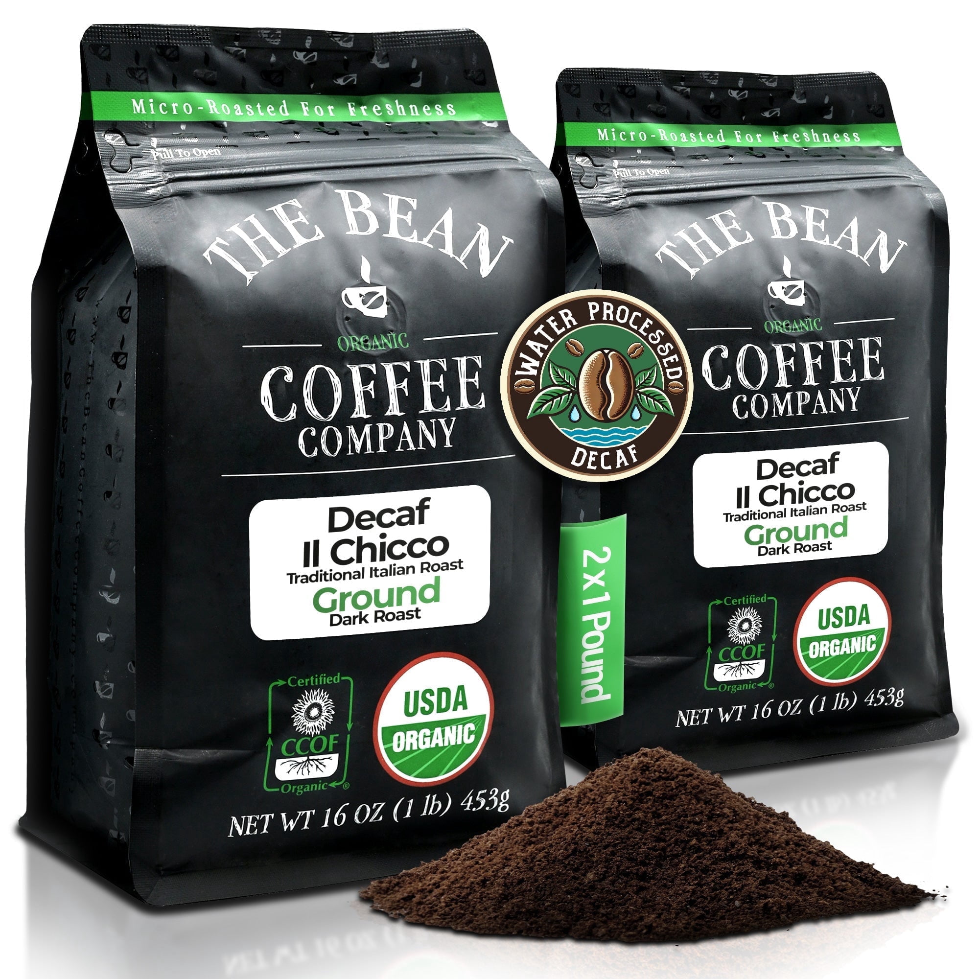 The Bean Organic Coffee Company Water Processed DECAF IL Chicco (Traditional Italian Roast), Dark Roast, Ground Coffee, 16-Ounce Bags (Pack of 2)