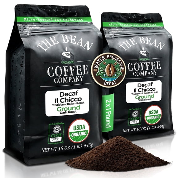The Bean Organic Coffee Company Water Processed DECAF IL Chicco (Traditional Italian Roast), Dark Roast, Ground Coffee, 16-Ounce Bags (Pack of 2)