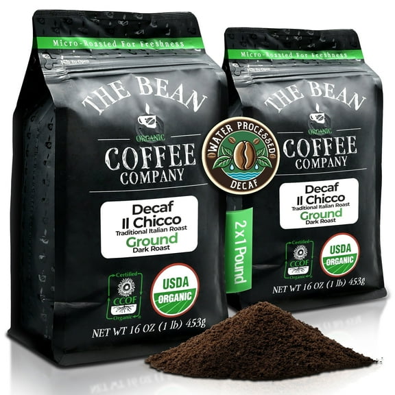The Bean Organic Coffee Company Water Processed DECAF IL Chicco (Traditional Italian Roast), Dark Roast, Ground Coffee, 16-Ounce Bags (Pack of 2)