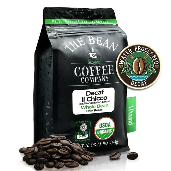 The Bean Organic Coffee Company Water Processed DECAF IL Chicco (Traditional Italian Roast), Dark Roast, Whole Bean Coffee, 16-Ounce Bag