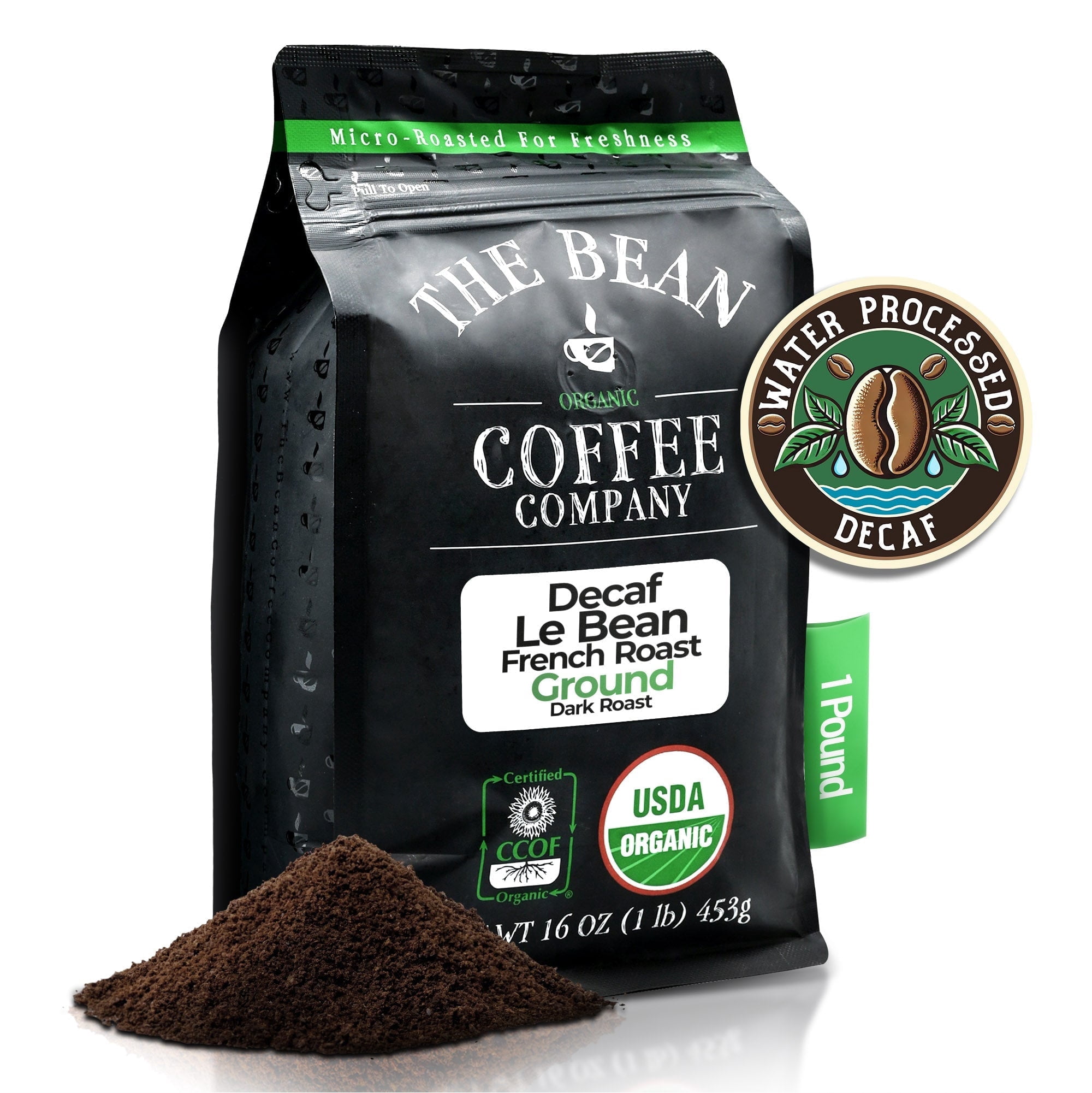 The Bean Organic Coffee Company Water Processed DECAF Le Bean, Dark French Roast, Ground Coffee, 16-Ounce Bag
