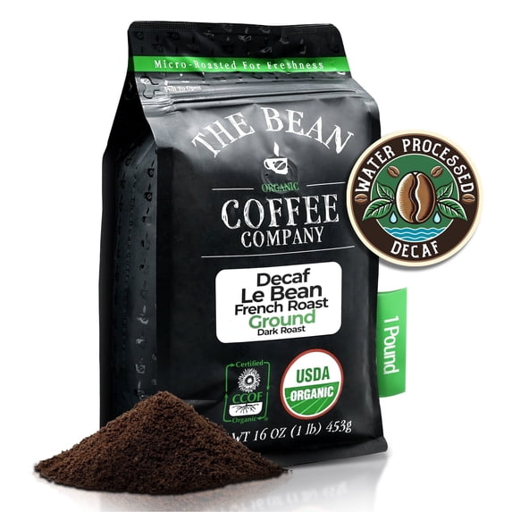 The Bean Organic Coffee Company Water Processed DECAF Le Bean, Dark French Roast, Ground Coffee, 16-Ounce Bag