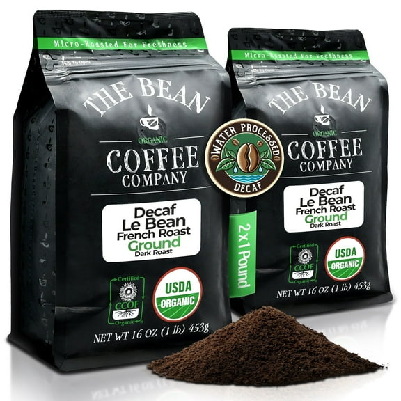 The Bean Organic Coffee Company Water Processed DECAF Le Bean, Dark French Roast, Ground Coffee, 16-Ounce Bags (Pack of 2)