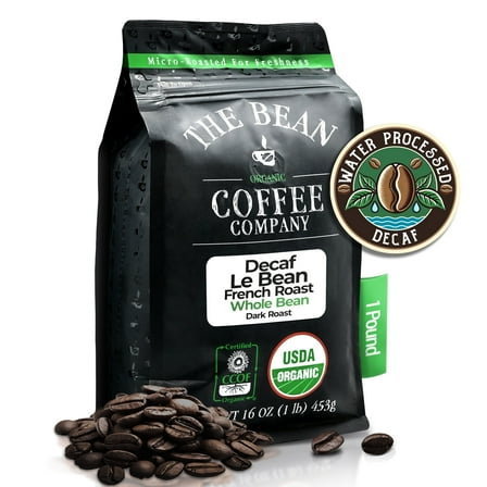 The Bean Organic Coffee Company Water Processed DECAF Le Bean, Dark French Roast, Whole Bean Coffee, 16-Ounce Bag