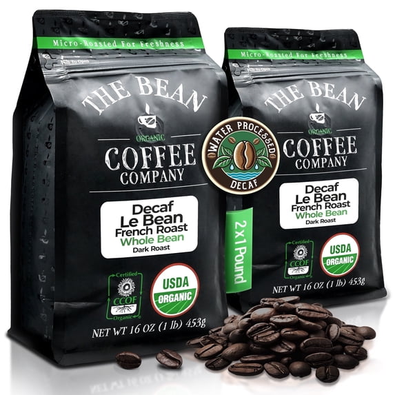 The Bean Organic Coffee Company Water Processed DECAF Le Bean, Dark French Roast, Whole Bean Coffee, 16-Ounce Bags (Pack of 2)