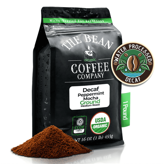 The Bean Organic Coffee Company Water Processed DECAF Peppermint Mocha, Medium Roast, Ground Coffee, 16-Ounce Bag