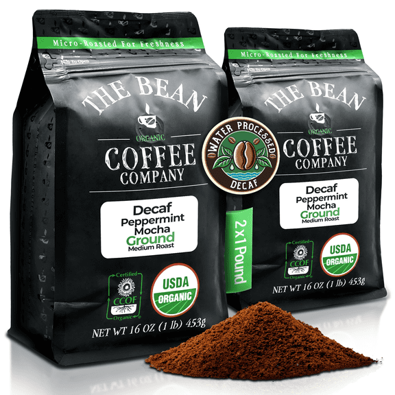 The Bean Organic Coffee Company Water Processed DECAF Peppermint Mocha, Medium Roast, Ground Coffee, 16-Ounce Bags (Pack of 2)