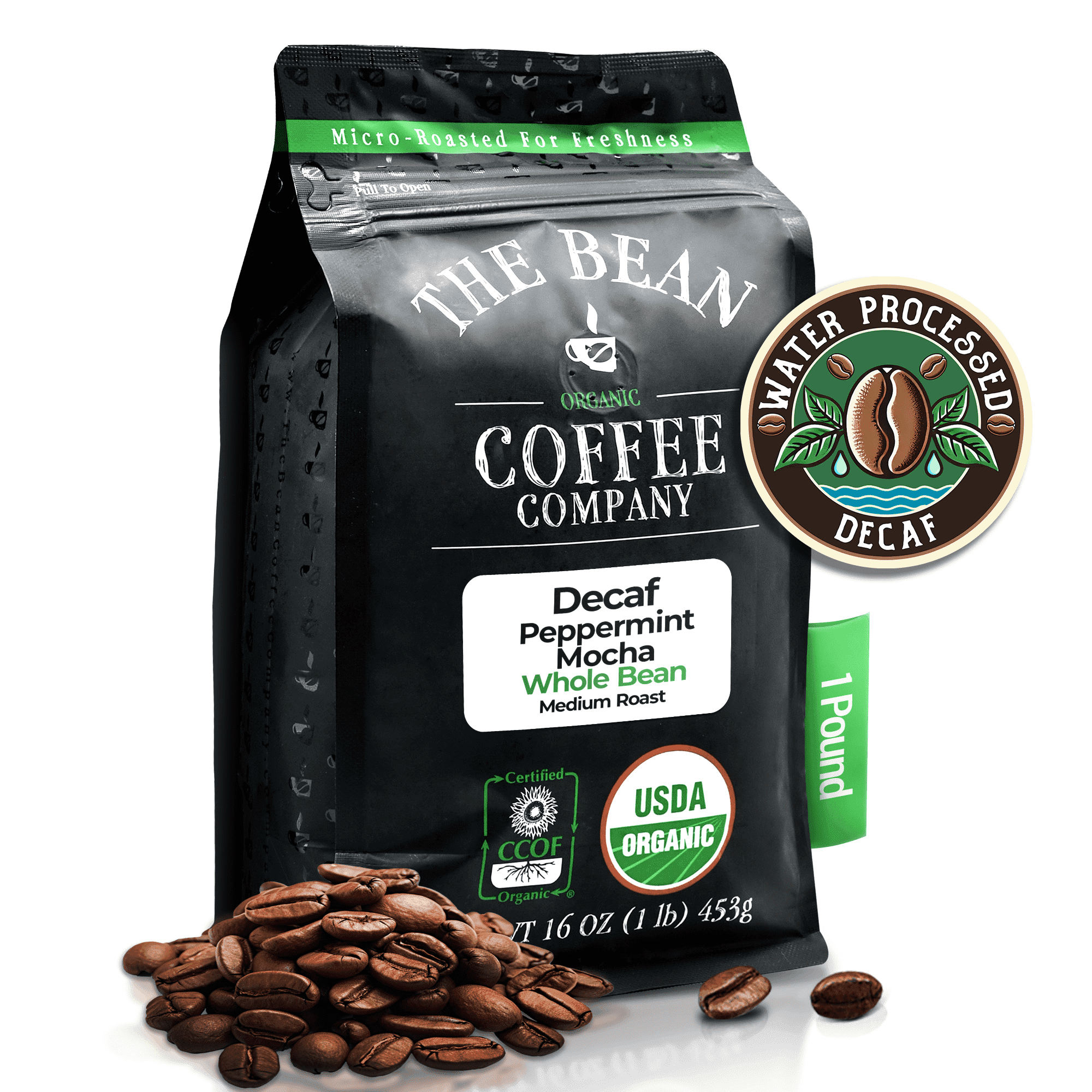 The Bean Organic Coffee Company Water Processed DECAF Peppermint Mocha, Medium Roast, Whole Bean Coffee, 16-Ounce Bag