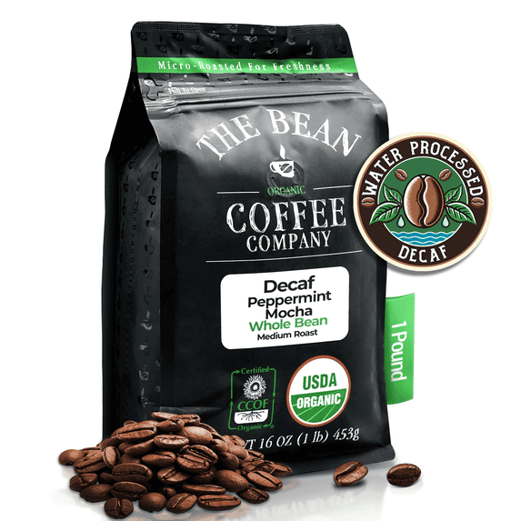 The Bean Organic Coffee Company Water Processed DECAF Peppermint Mocha, Medium Roast, Whole Bean Coffee, 16-Ounce Bag