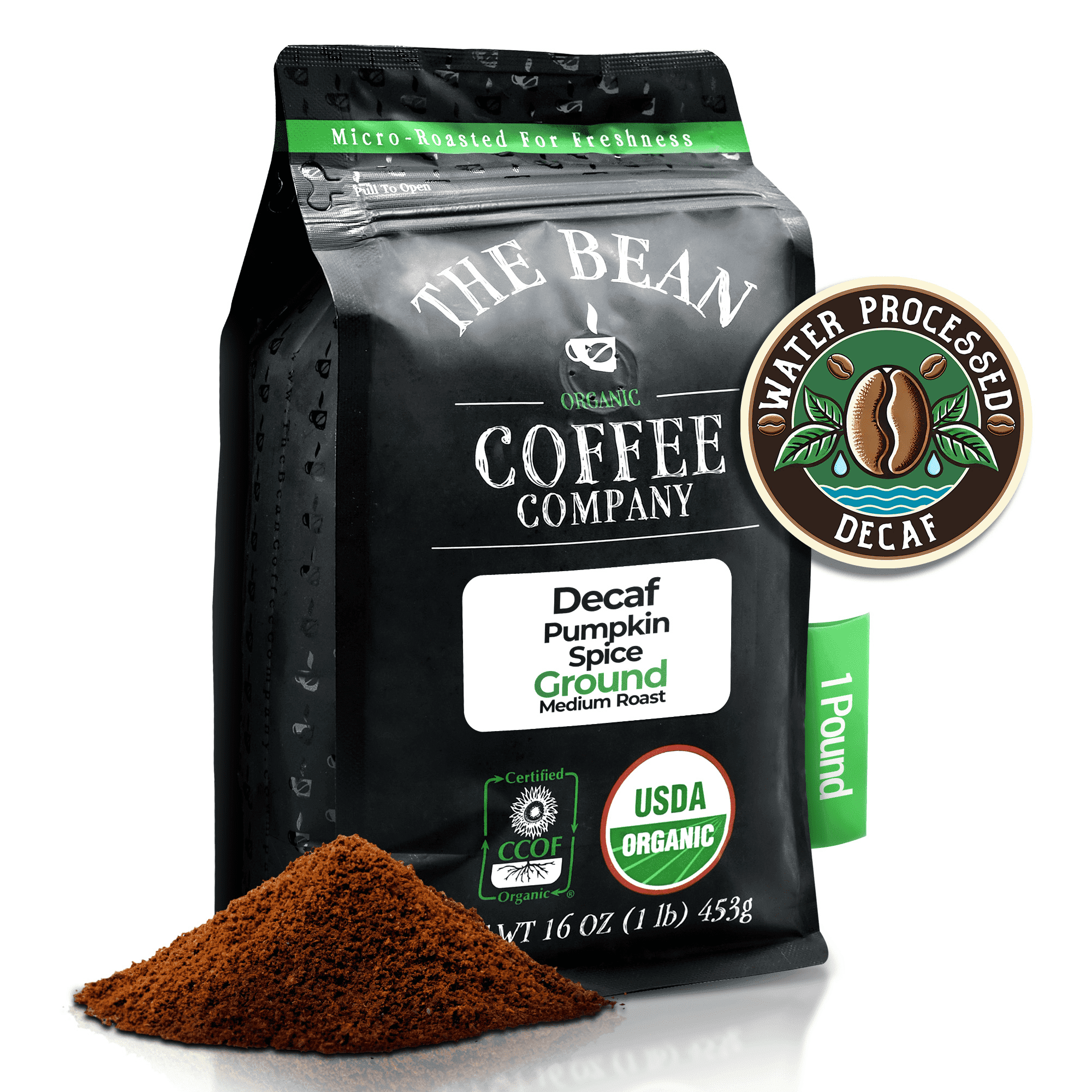 The Bean Organic Coffee Company Water Processed DECAF Pumpkin Spice, Medium Roast, Ground Coffee, 16-Ounce Bag