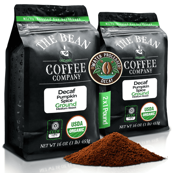 The Bean Organic Coffee Company Water Processed DECAF Pumpkin Spice, Medium Roast, Ground Coffee, 16-Ounce Bags (Pack of 2)