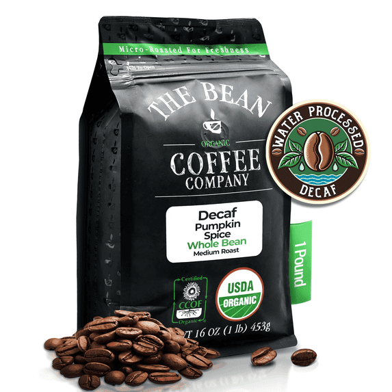 The Bean Organic Coffee Company Water Processed DECAF Pumpkin Spice, Medium Roast, Whole Bean Coffee, 16-Ounce Bag…
