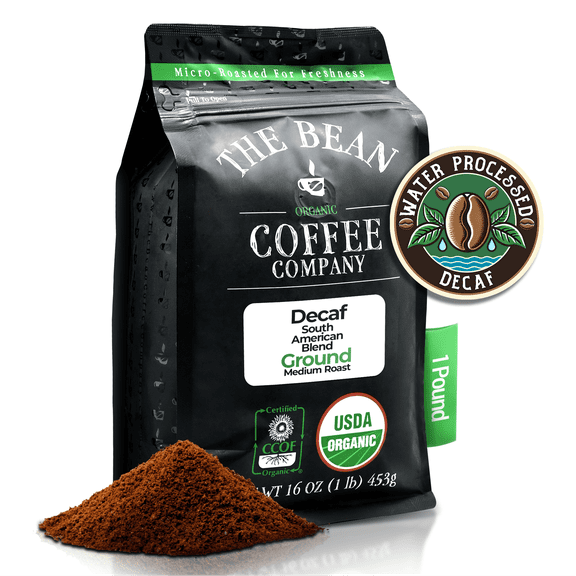 The Bean Organic Coffee Company Water Processed DECAF South America Blend, Medium Roast, Ground Coffee, 16-Ounce Bag