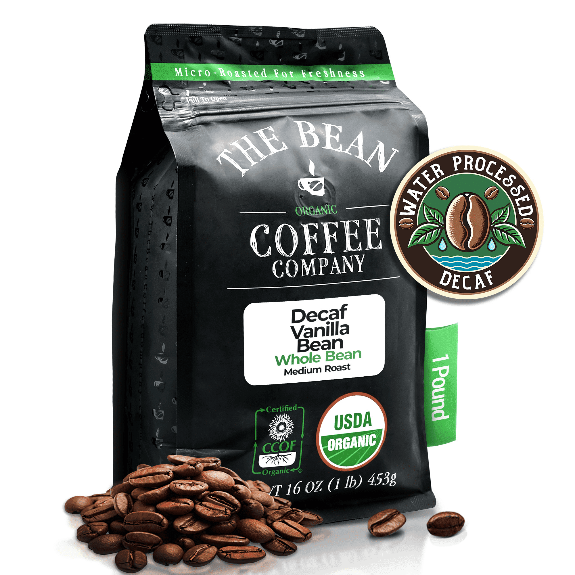 The Bean Organic Coffee Company Water Processed DECAF Vanilla Bean, Medium Roast, Whole Bean Coffee, 16-Ounce Bag