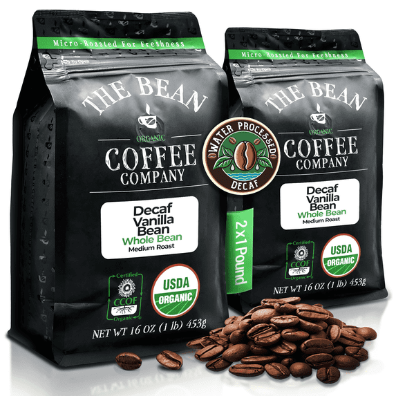 The Bean Organic Coffee Company Water Processed DECAF Vanilla Bean, Medium Roast, Whole Bean Coffee, 16-Ounce Bags (Pack of 2)