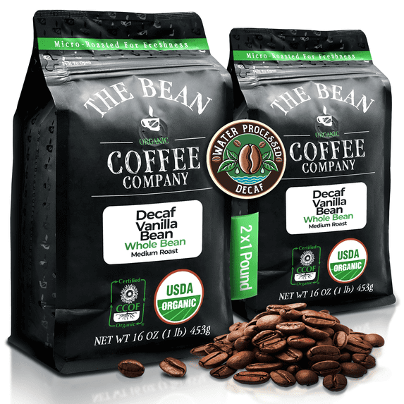 The Bean Organic Coffee Company Water Processed DECAF Vanilla Bean, Medium Roast, Whole Bean Coffee, 16-Ounce Bags (Pack of 2)