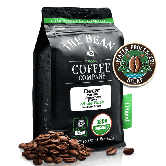 The Bean Organic Coffee Company Water Processed DECAF Vanilla Cinnamon Spice, Medium Roast, Whole Bean Coffee, 16-Ounce Bag