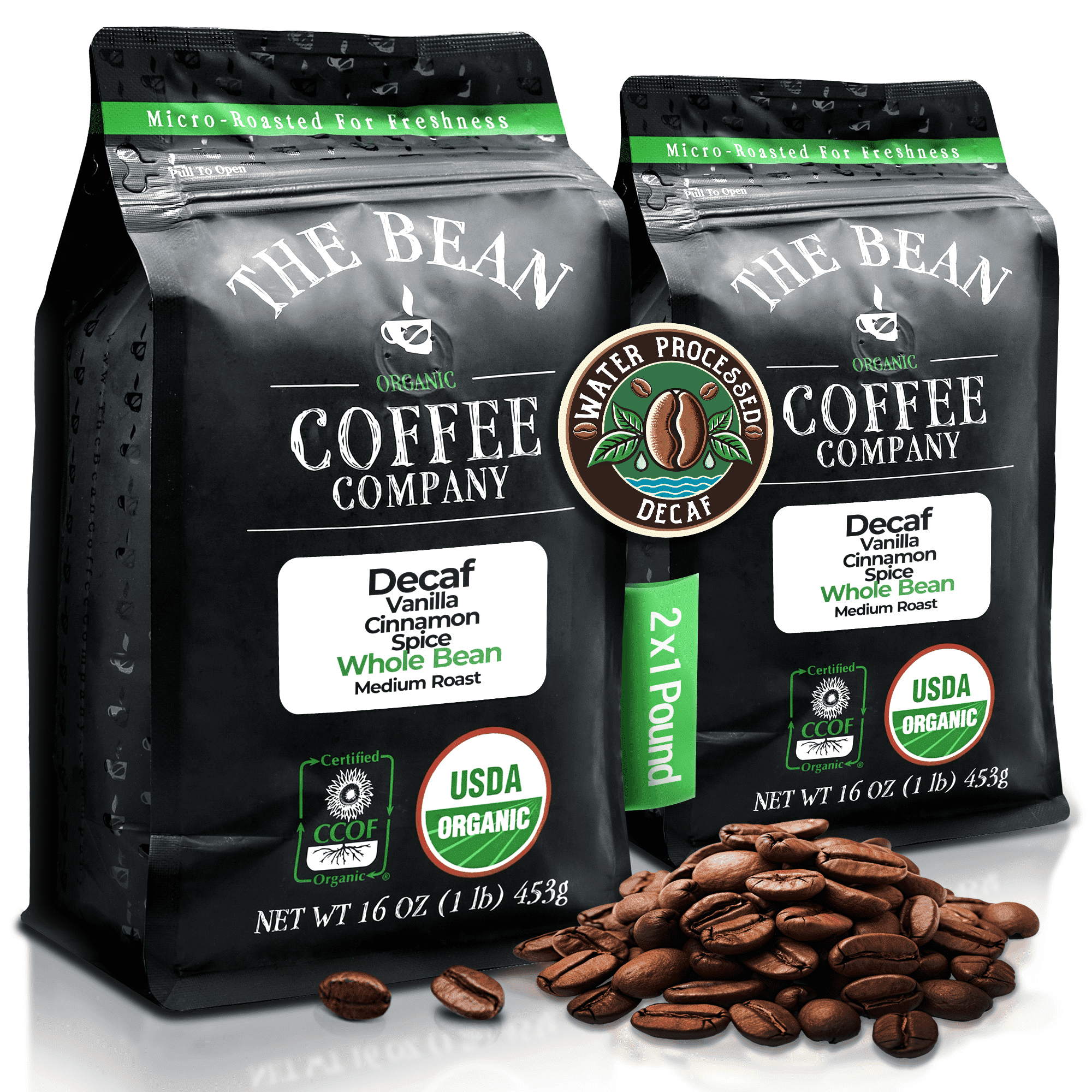 The Bean Organic Coffee Company Water Processed DECAF Vanilla Cinnamon Spice, Medium Roast, Whole Bean Coffee, 16-Ounce Bags (Pack of 2)