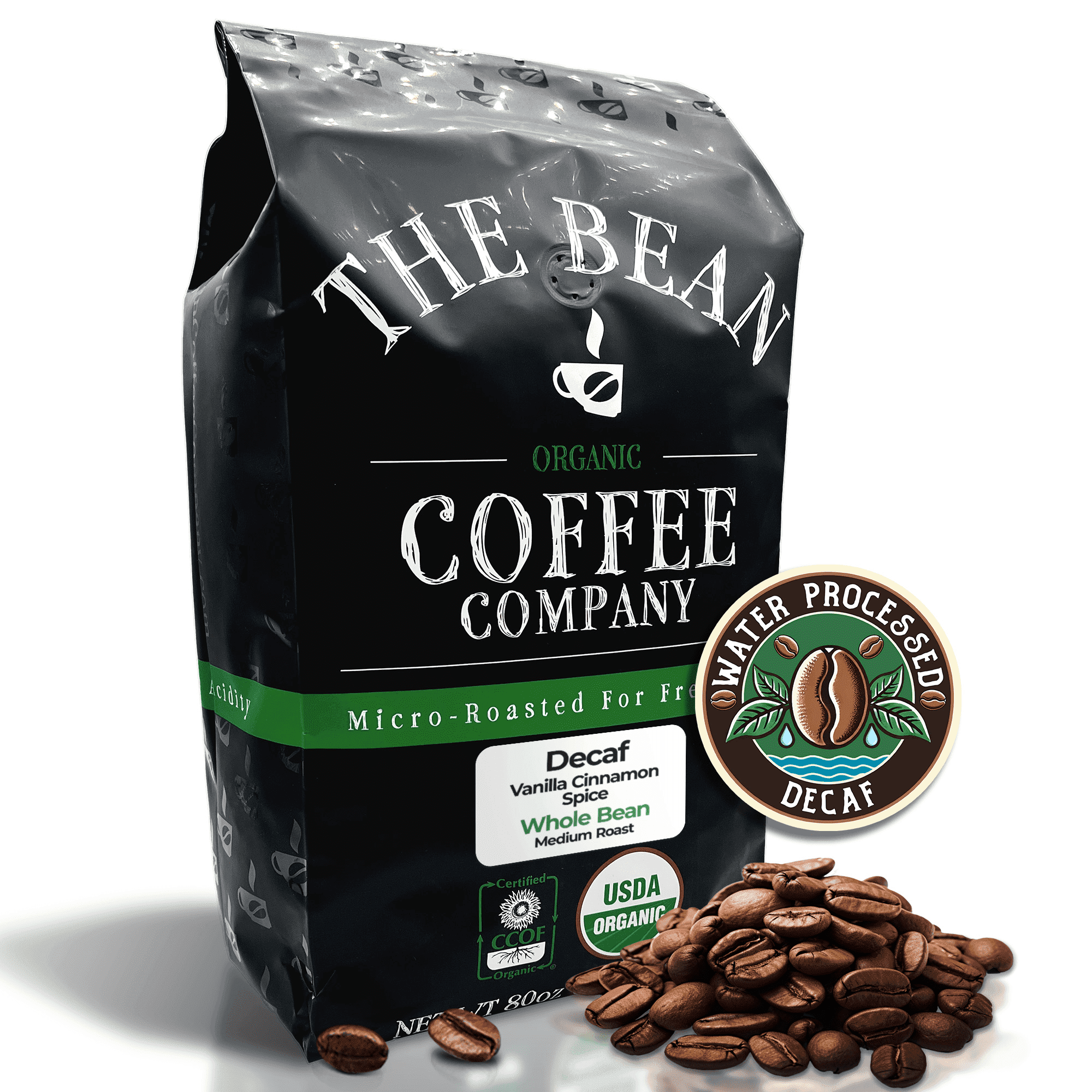 The Bean Organic Coffee Company Water Processed DECAF Vanilla Cinnamon Spice, Medium Roast, Whole Bean Coffee, 5-Pound Bag