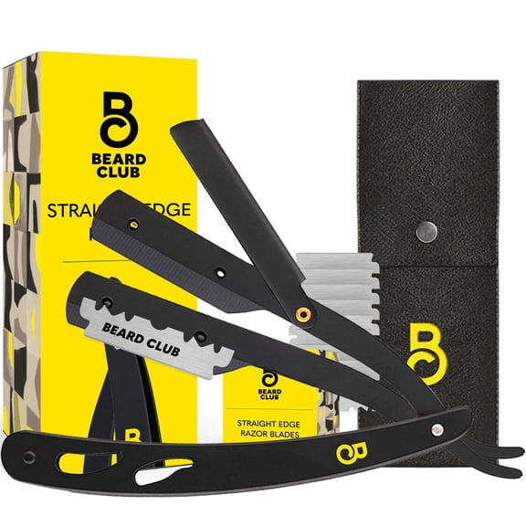 The Beard Club Straight Razors for Men, Barber Straight Edge Razor Kit with 10 Replaceable Stainless Steel Blades and Leather Case