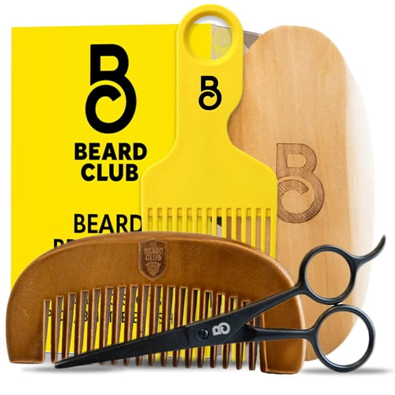 The Beard Club Brush, Comb, Pick and Scissors Grooming Kit for Men, Beard and Mustache Styling, Trimming, Detangling and Regular Facial Hair Care
