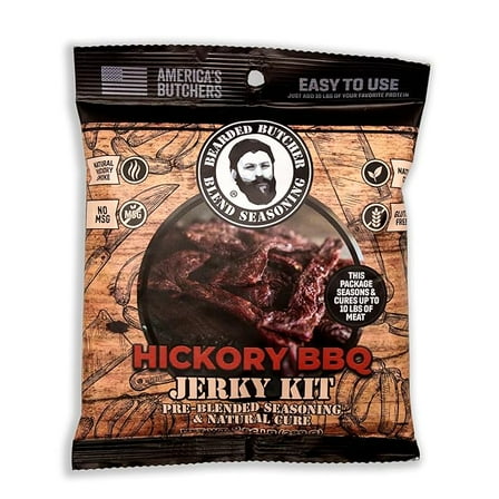 The Bearded Butchers Hickory BBQ Jerky Seasoning & Natural Cure Kit – Makes 10 lbs of Beef, Deer, or Wild Game Jerky – With Celery & Cherry Powder