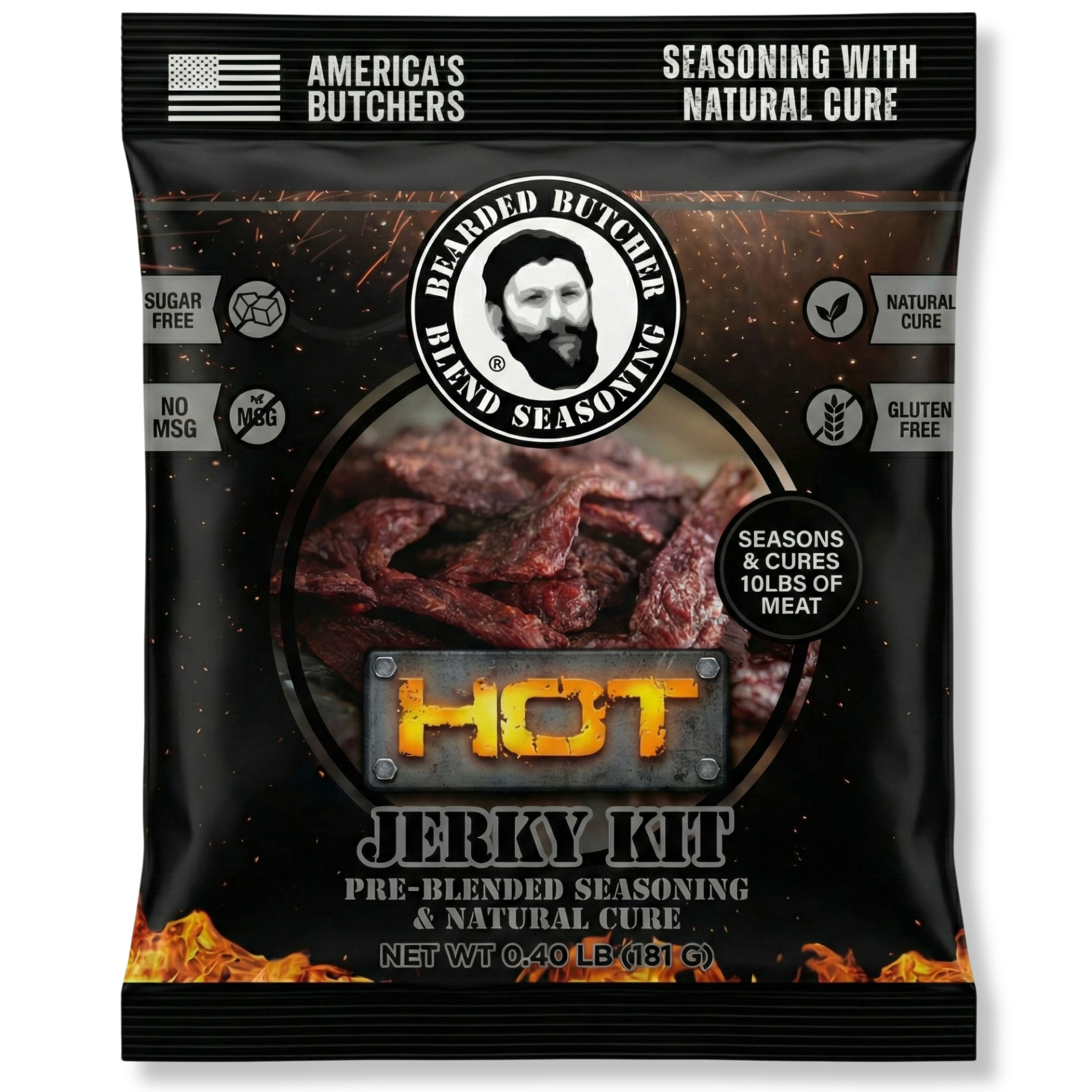 The Bearded Butchers Hot Jerky Seasoning & Natural Cure DIY Kit, Makes 10 lbs of Jerky, Clean Label Cure with Celery & Cherry Powder, Spicy Mix