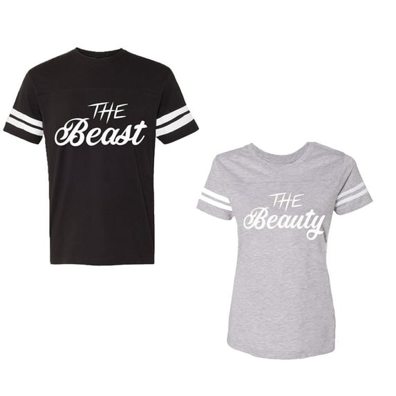 The Beast The Beauty Unisex Couple Matching Cotton Jersey style T-Shirt Contrasting stripes on sleeves (Men Black / Women Heather) (Men XXL / Women L)