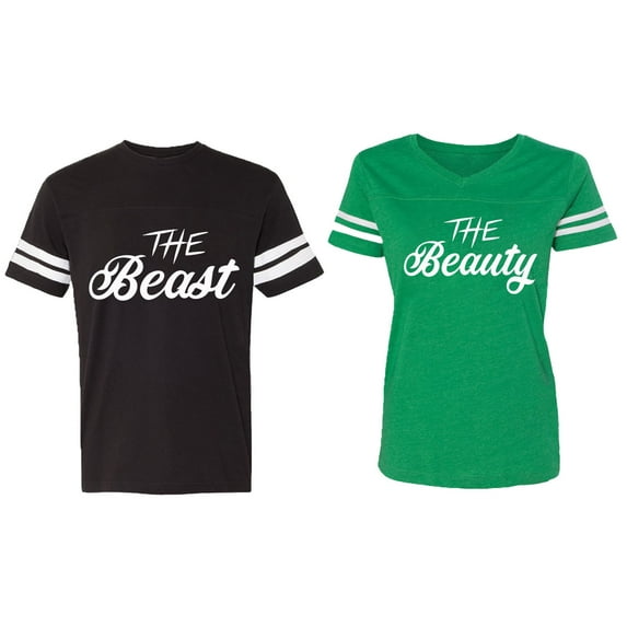 The Beast The Beauty Matching Couple Cotton Jerseys (Men Black / Women Green) (Men XL / Women XL)