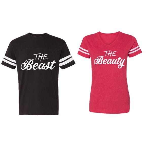 The Beast The Beauty Matching Couple Cotton Jerseys (Men Black / Women Red) (Men S / Women S)