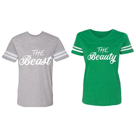 The Beast The Beauty Matching Couple Cotton Jerseys (Men Heather / Women Green) (Men XXL / Women XL)