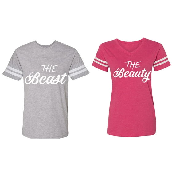 The Beast The Beauty Matching Couple Cotton Jerseys (Men Heather / Women Pink) (Men XL / Women XL)