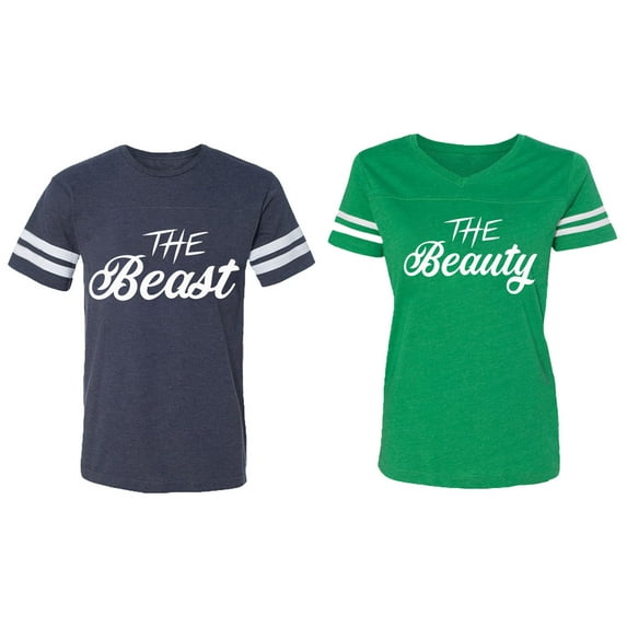 The Beast The Beauty Matching Couple Cotton Jerseys (Men Navy / Women Green) (Men L / Women XXL)