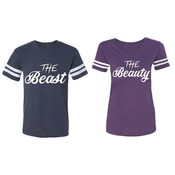 The Beast The Beauty Matching Couple Cotton Jerseys (Men Navy / Women Purple) (Men L / Women XXL)