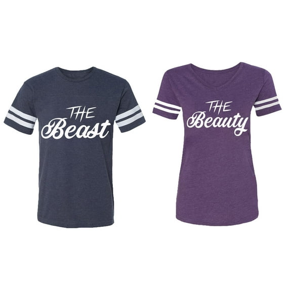 The Beast The Beauty Matching Couple Cotton Jerseys (Men Navy / Women Purple) (Men XXL / Women XL)
