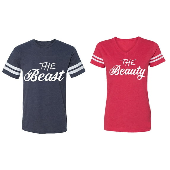 The Beast The Beauty Matching Couple Cotton Jerseys (Men Navy / Women Red) (Men XL / Women XL)