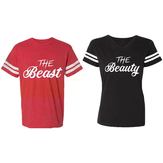 The Beast The Beauty Matching Couple Cotton Jerseys (Men Red / Women Black) (Men S / Women S)