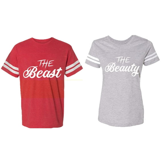 The Beast The Beauty Matching Couple Cotton Jerseys (Men Red / Women Heather) (Men L / Women L)