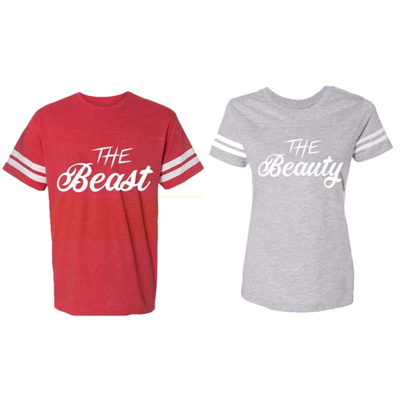 The Beast The Beauty Matching Couple Cotton Jerseys (Men Red / Women Heather) (Men M / Women S)