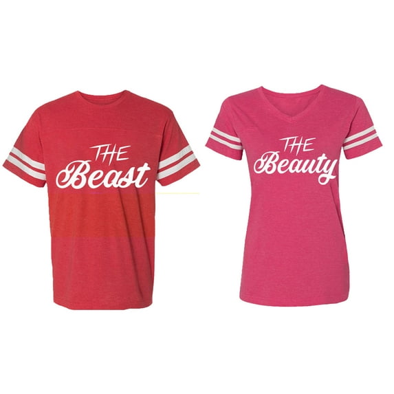The Beast The Beauty Matching Couple Cotton Jerseys (Men Red / Women Pink) (Men XXL / Women XL)