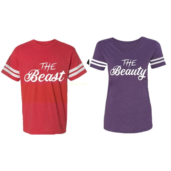 The Beast The Beauty Matching Couple Cotton Jerseys (Men Red / Women Purple) (Men M / Women M)