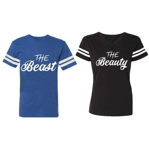 The Beast The Beauty Matching Couple Cotton Jerseys (Men Royal / Women Black) (Men S / Women S)