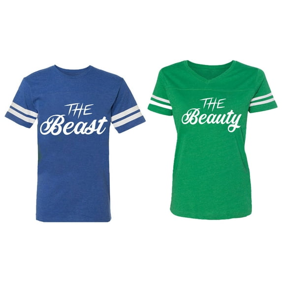 The Beast The Beauty Matching Couple Cotton Jerseys (Men Royal / Women Green) (Men L / Women L)
