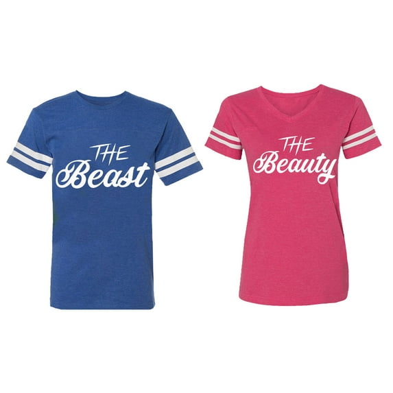 The Beast The Beauty Matching Couple Cotton Jerseys (Men Royal / Women Pink) (Men M / Women L)